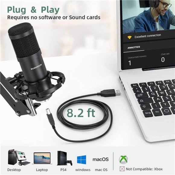 USB Streaming Podcast PC Microphone, Professional 192KHZ/24Bit Studio Cardioid - Picture 5 of 6